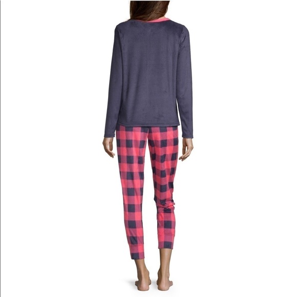 Womens Fleece 2 Pc Pajama Set Pink Blue Checkered Pattern - Picture 3 of 14